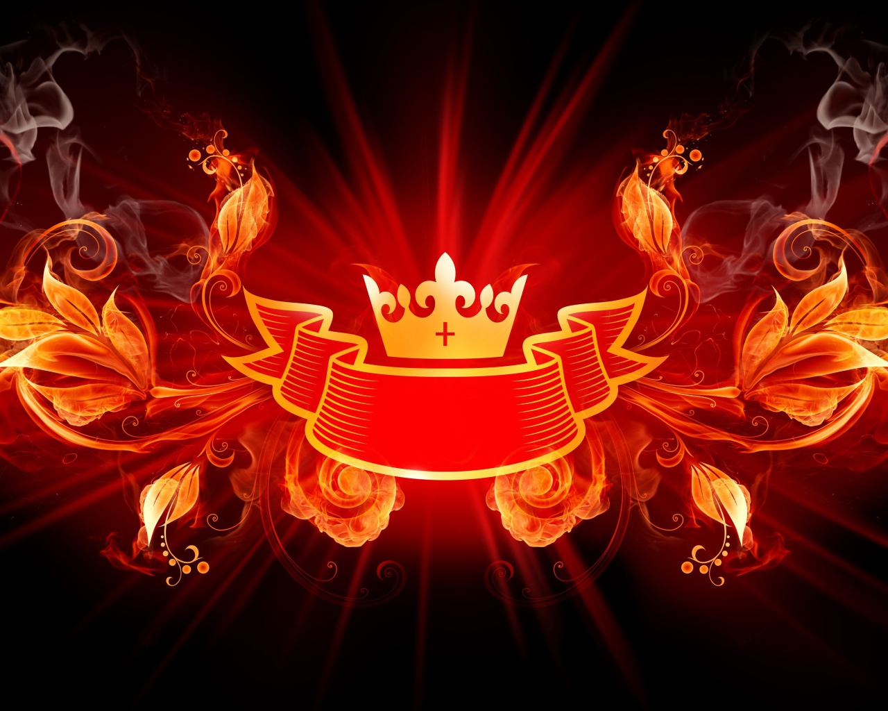 Logo crown with ribbon and fiery flowers.