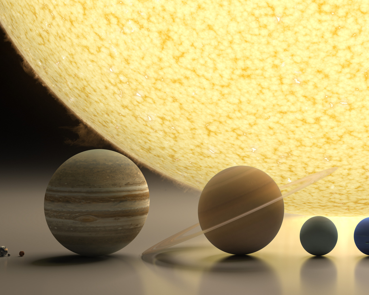 Models of planets in the yellow sun, 3D graphics