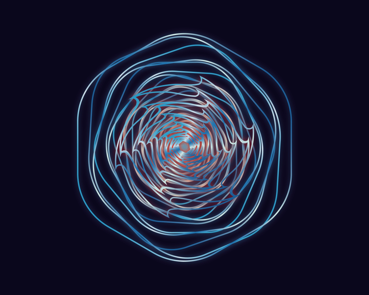 Неоновые фрактальные волны в рисунке на синем фоне
