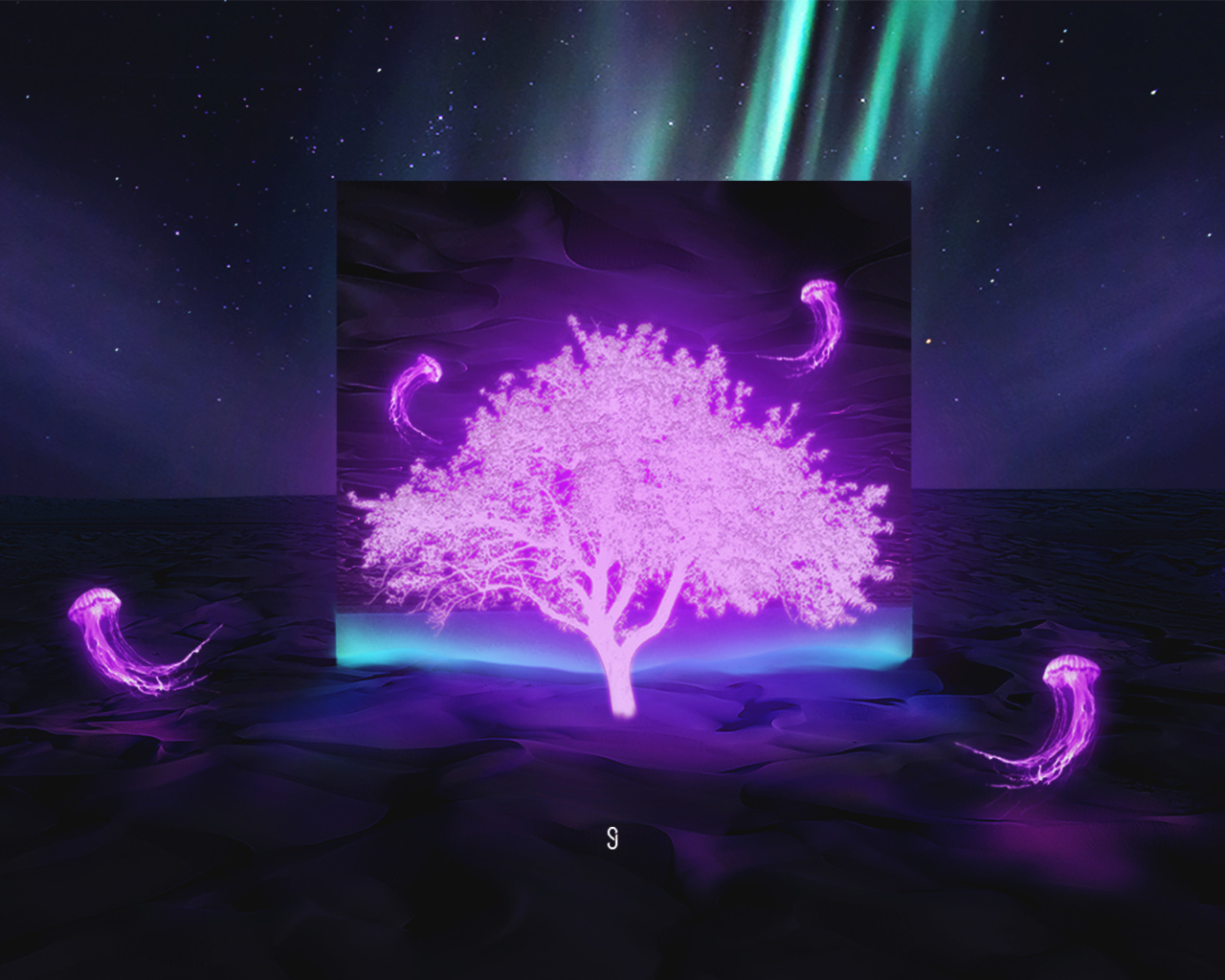 Неоновое дерево в пустыне на фоне неба с северным сиянием