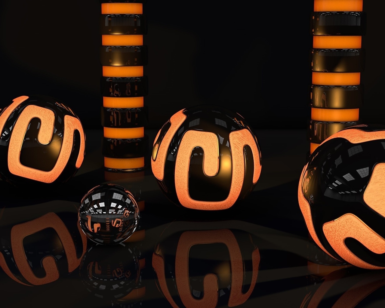 Оранжево-черные 3д шары отражаются в поверхности 