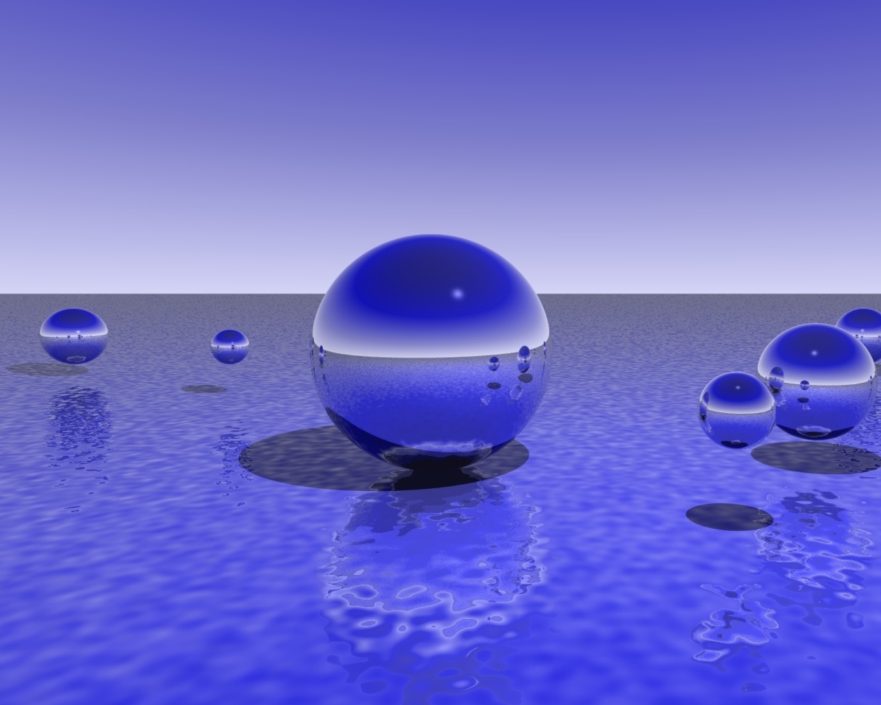 Фиолетовые 3д шары над водой 