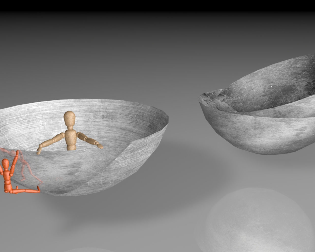 Роботы в серых чашах на сером фоне 3д графика