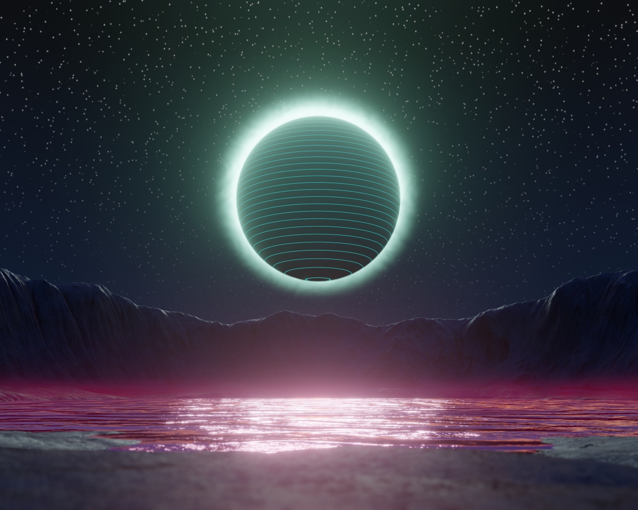 Сфера в ярком свечении в звездном небе над озером