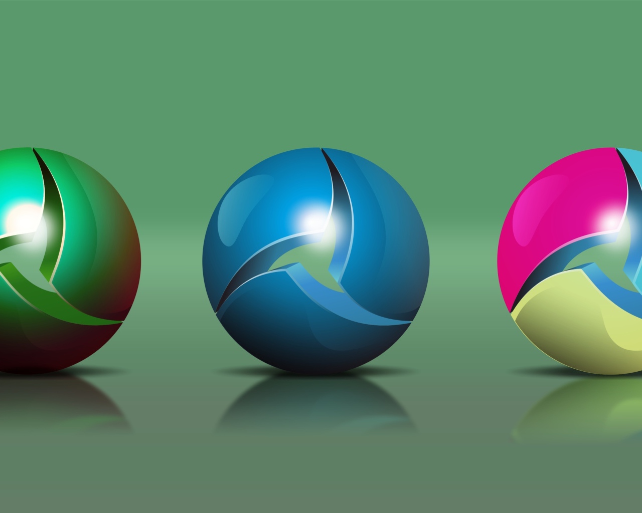 Три разноцветных 3д шара на зеленом фоне 