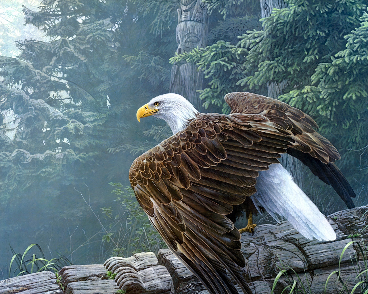 Большой белоголовый орлан сидит на столбе 