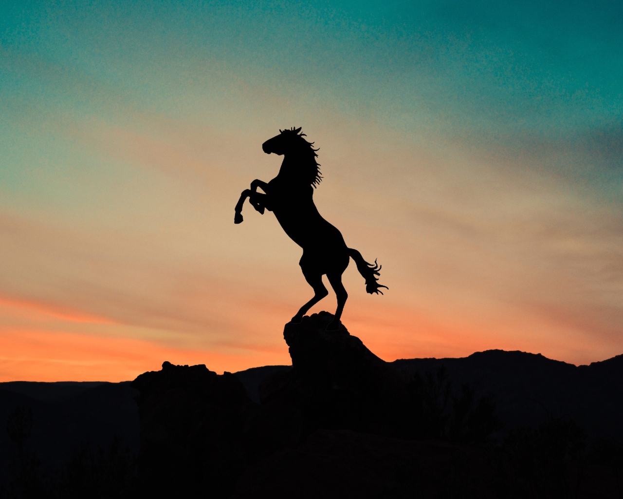 Силуэт коня на вершине горы на закате 