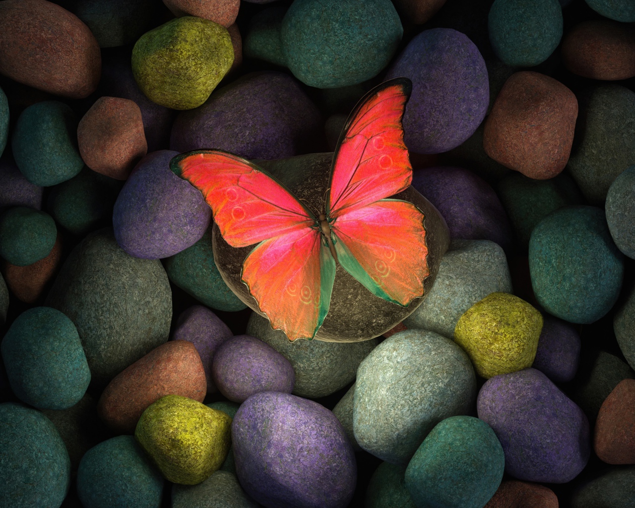 Бумажная бабочка на разноцветных камнях 