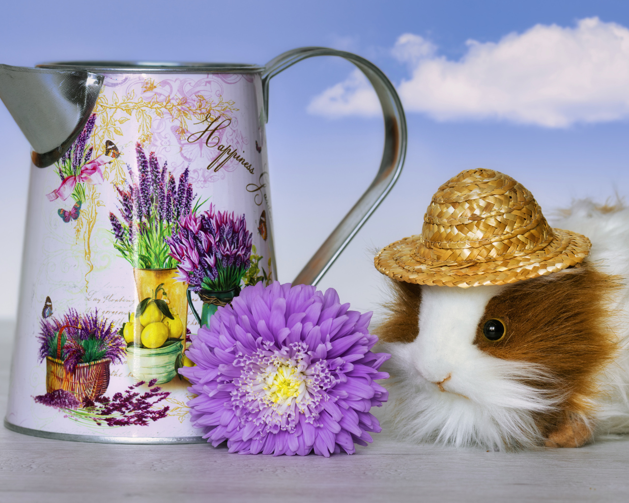 Guinea pig on a table with a watering can and a flower