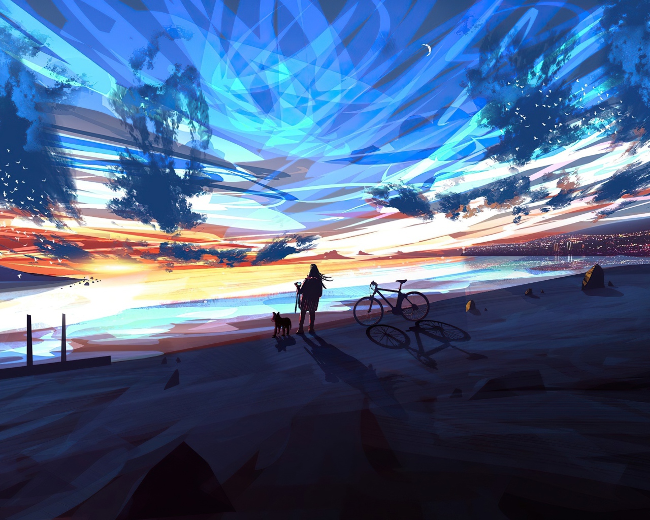 Девушка аниме смотрит на фантастическое небо 