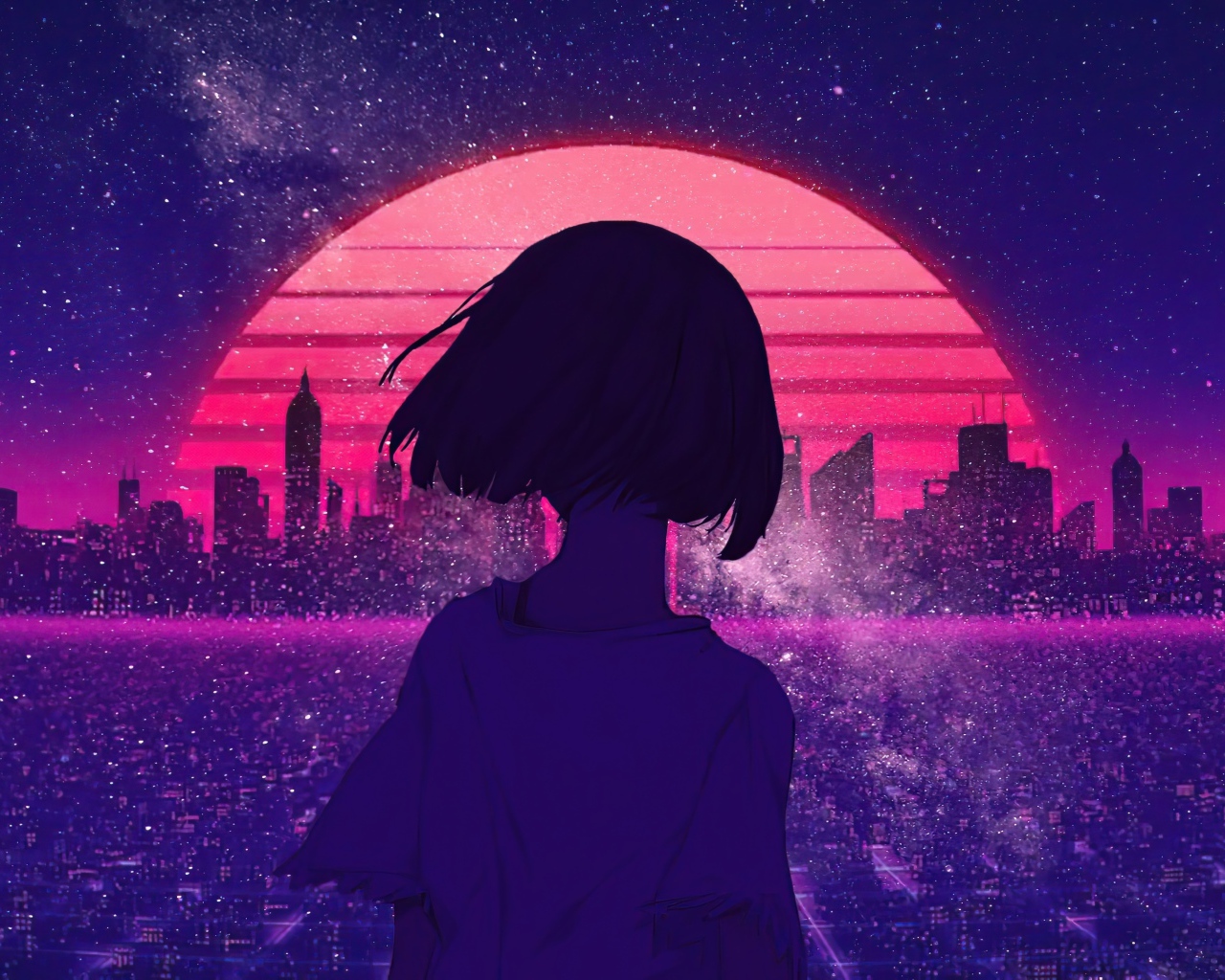 Девушка аниме на фоне ночного мегаполиса 