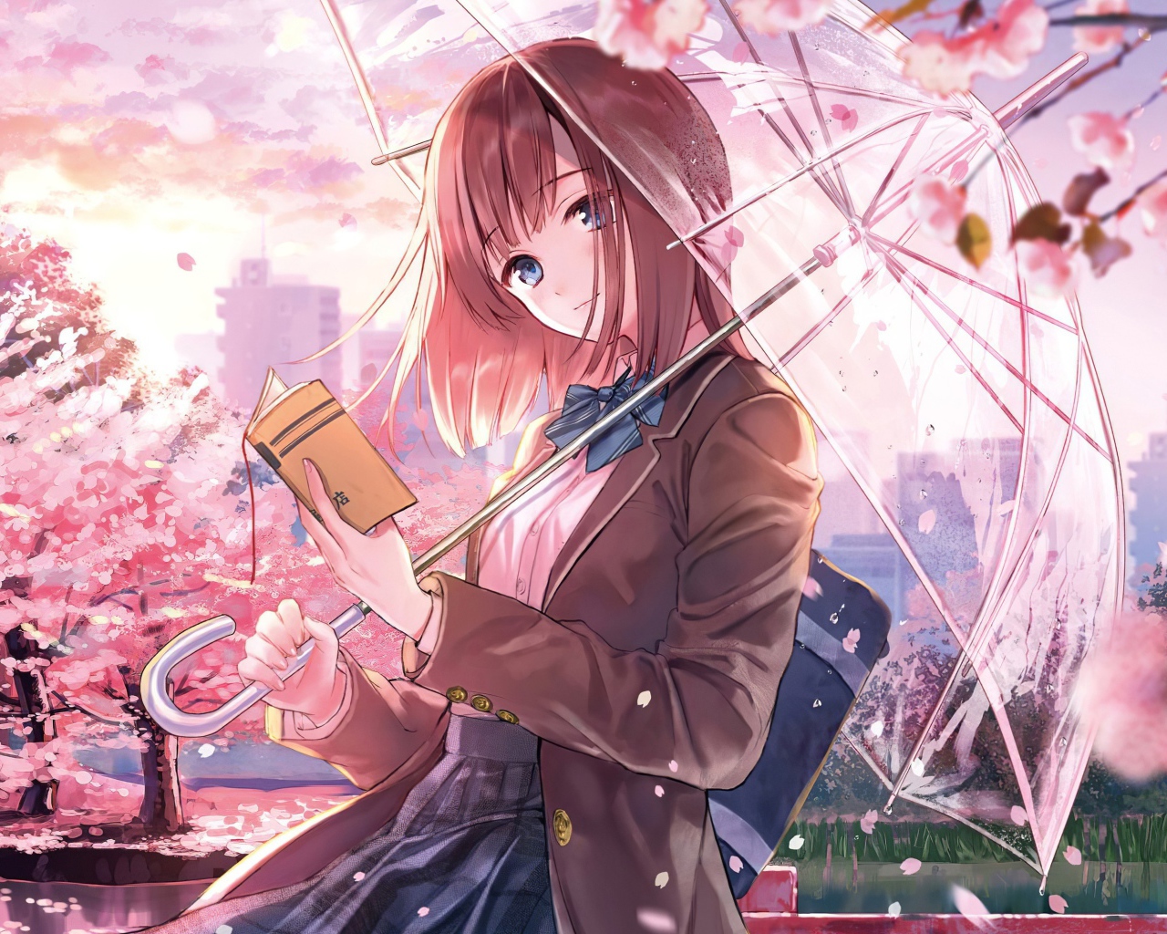 Девушка аниме с книгой и зонтом в руке 