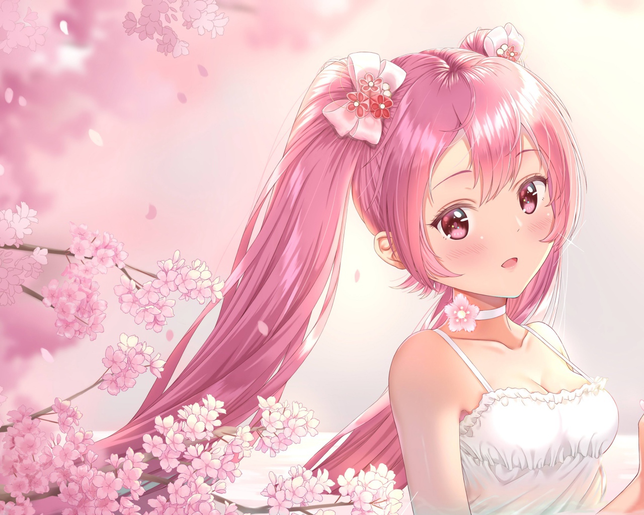 Девушка аниме с розовыми волосами в белом платье 