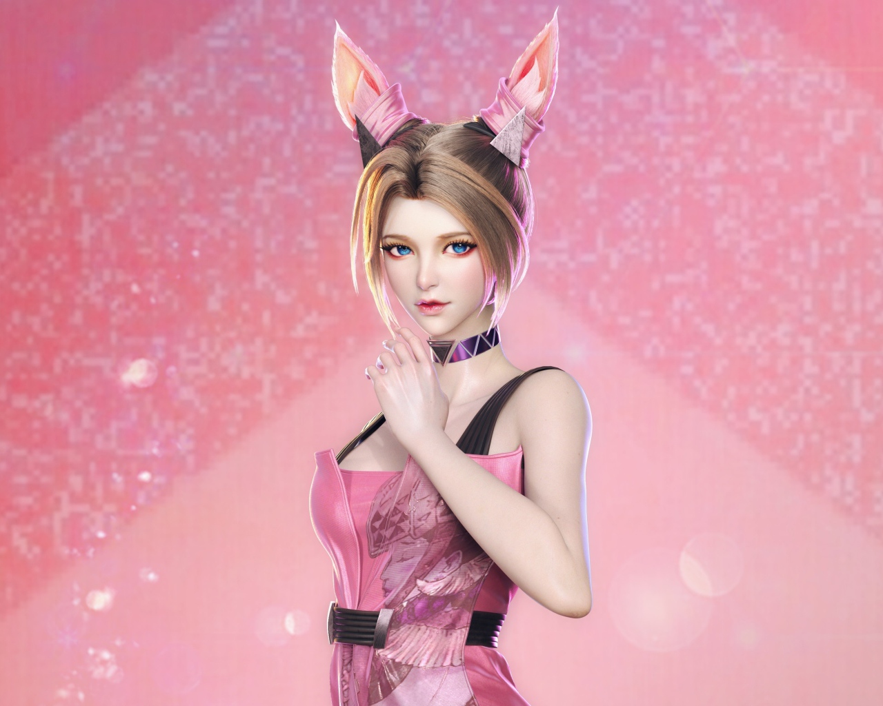 Девушка аниме с ушами белки на розовом фоне