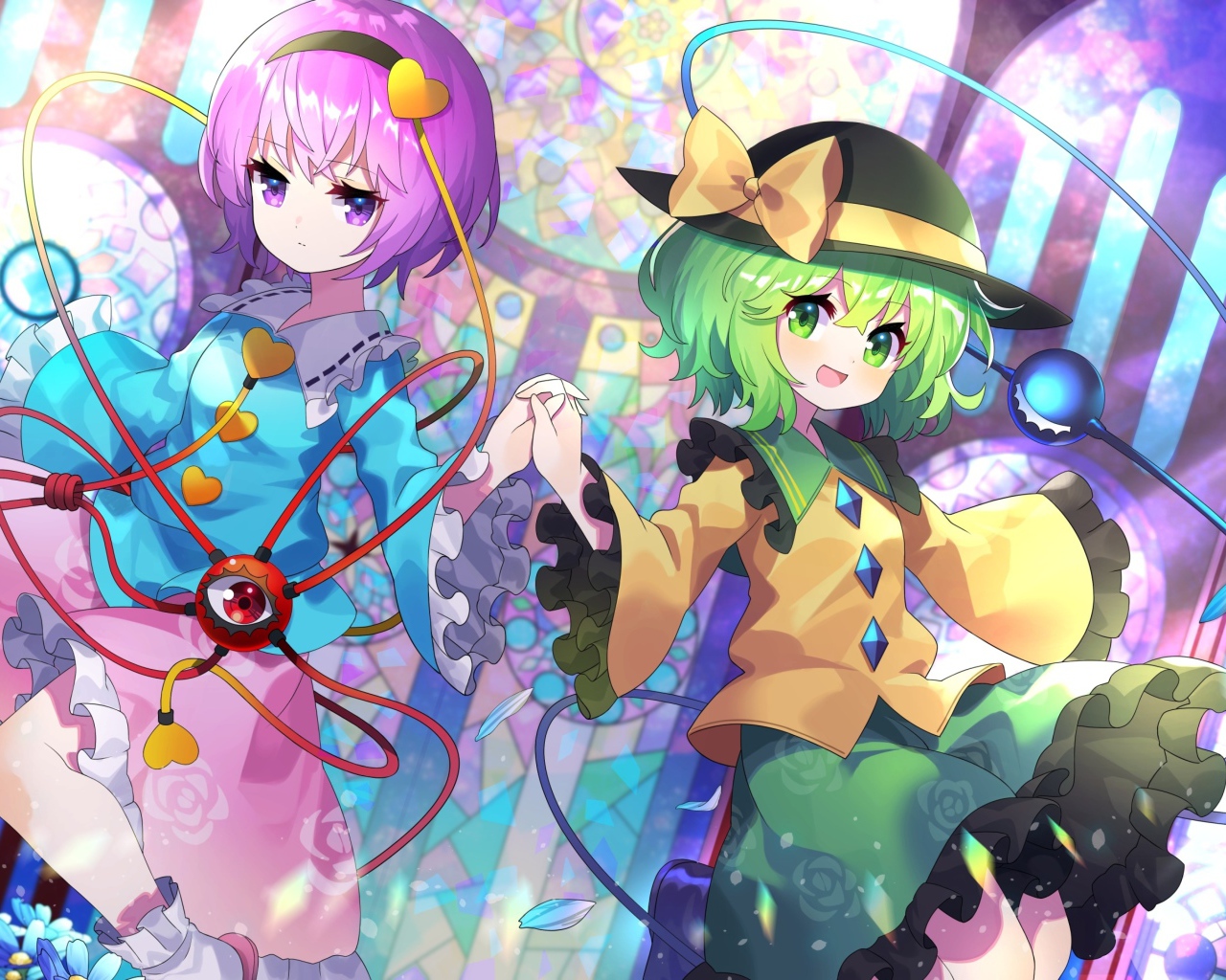 Anime girls Koishi Komeiji and Satori Komeiji in colorful outfits