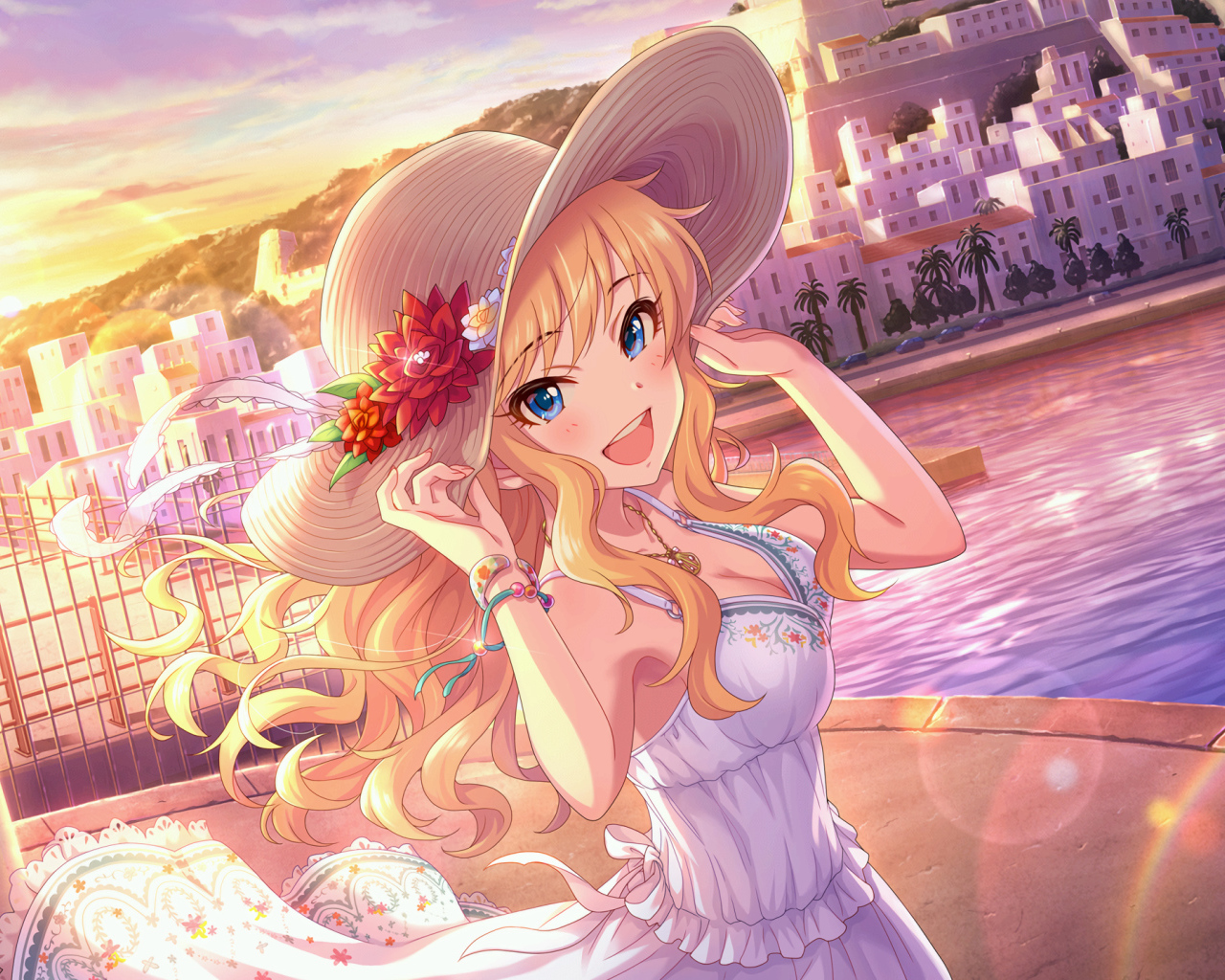 Красивая девушка аниме в шляпке у реки 