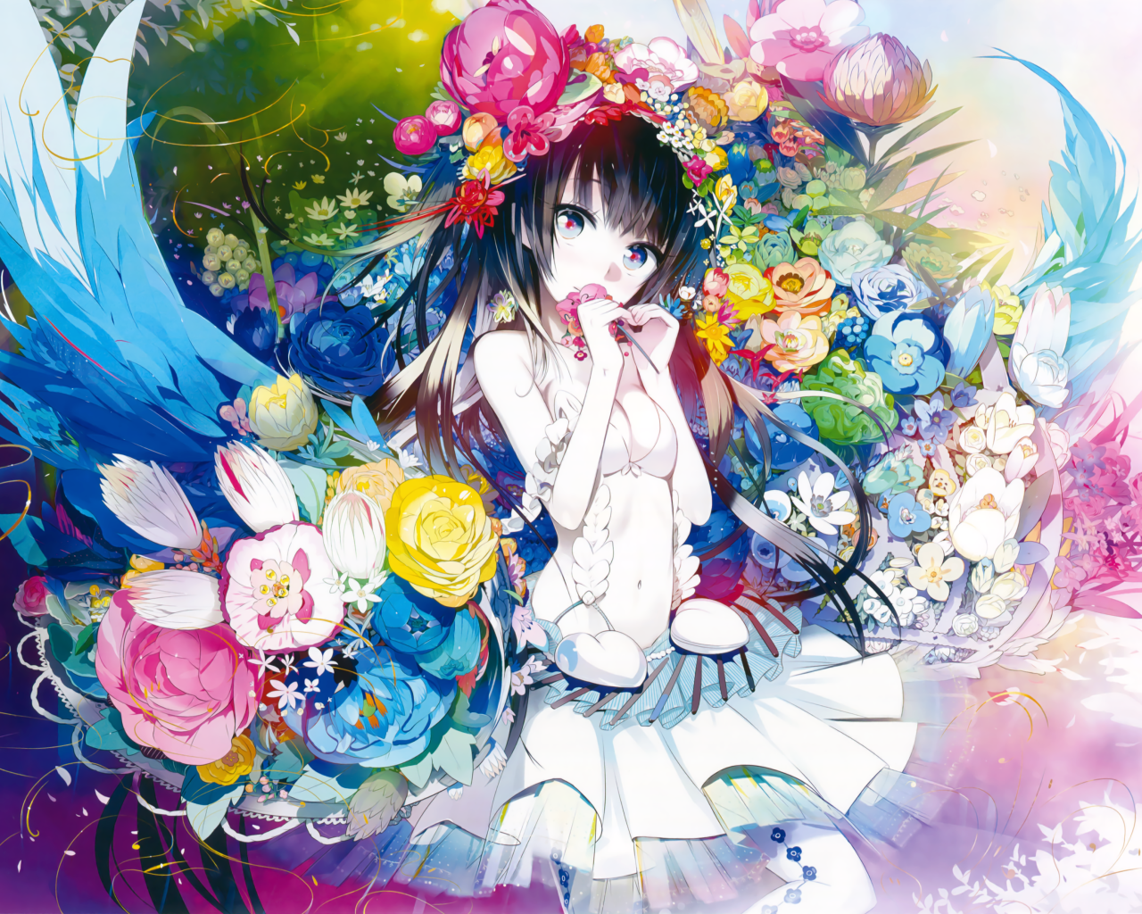 Красивая девушка аниме в цветах