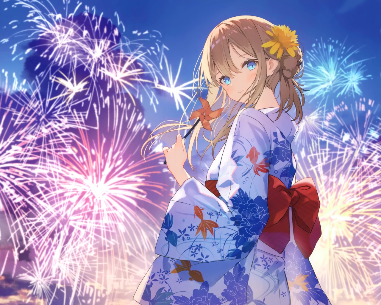Beautiful anime girl in kimono on the background of fireworks