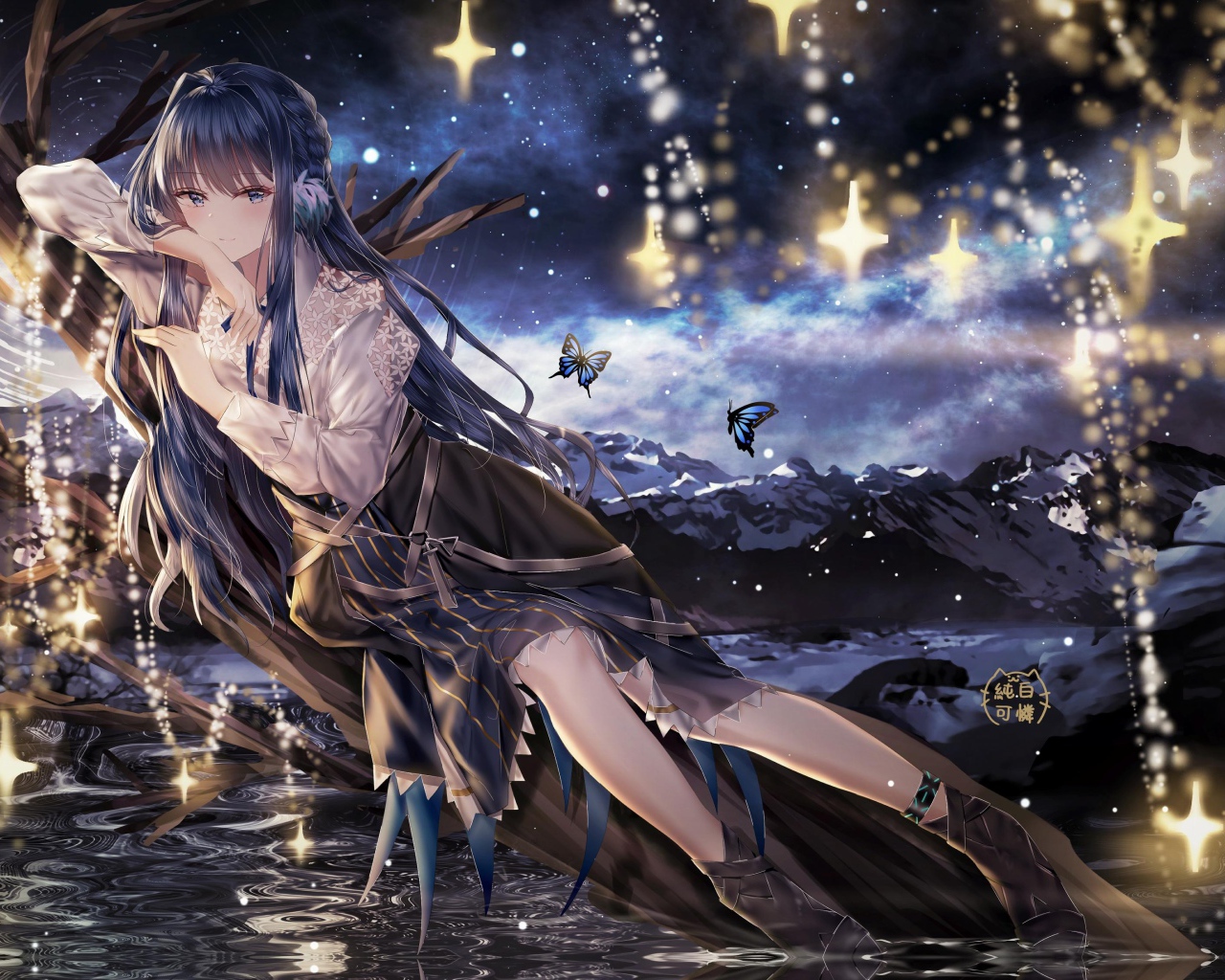 Красивая девушка аниме лежит на дереве у воды