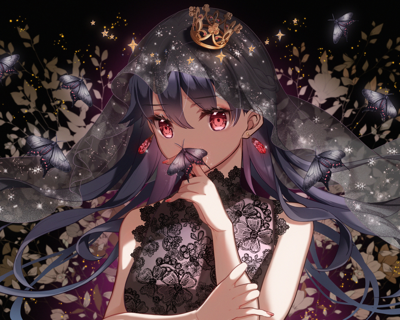 Красивая девушка аниме с бабочкой на пальце