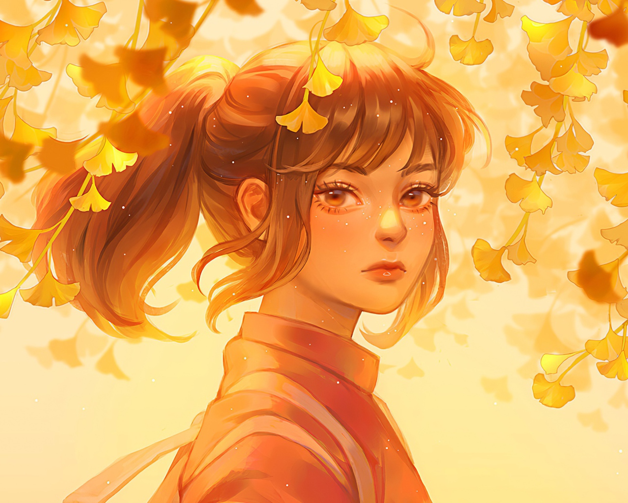 Красивое лицо девушки аниме на фоне листьев 