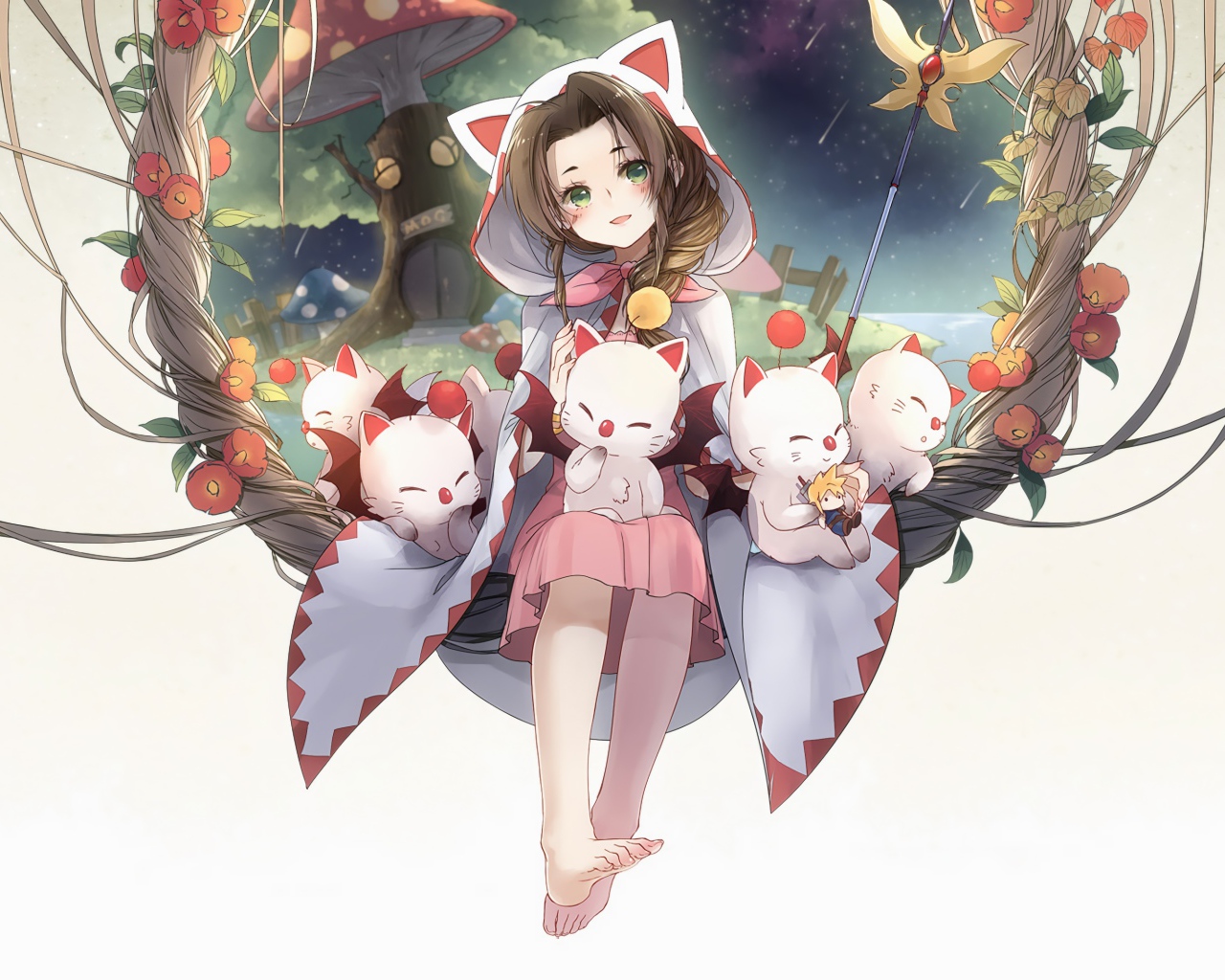 Милая девушка аниме с котятами на белом фоне