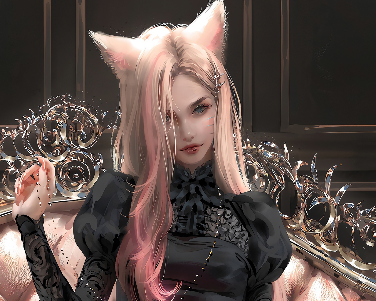 Фантастическая девушка кошка в черном наряде