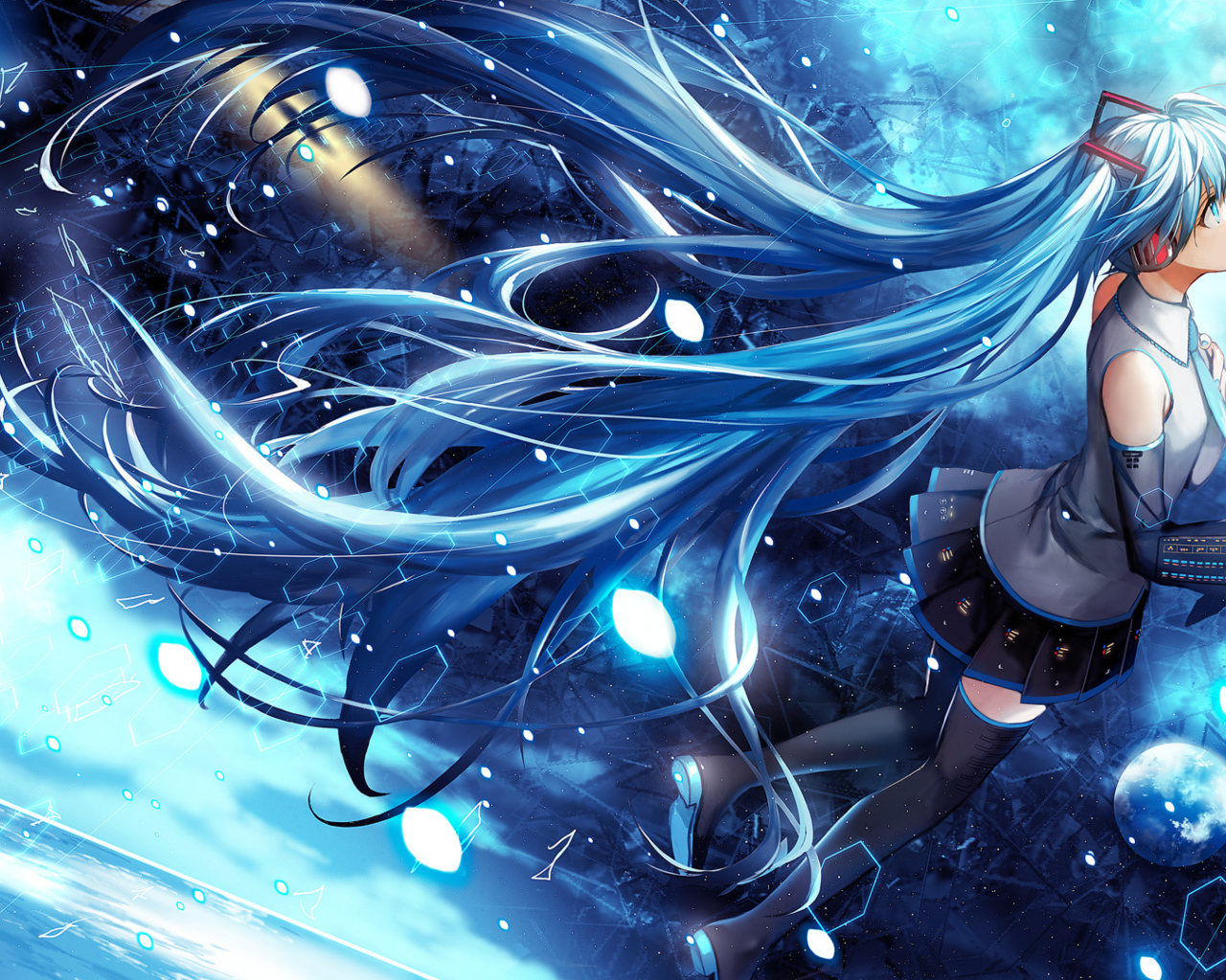 Miku Hatsune anime girl with long blue hair in space