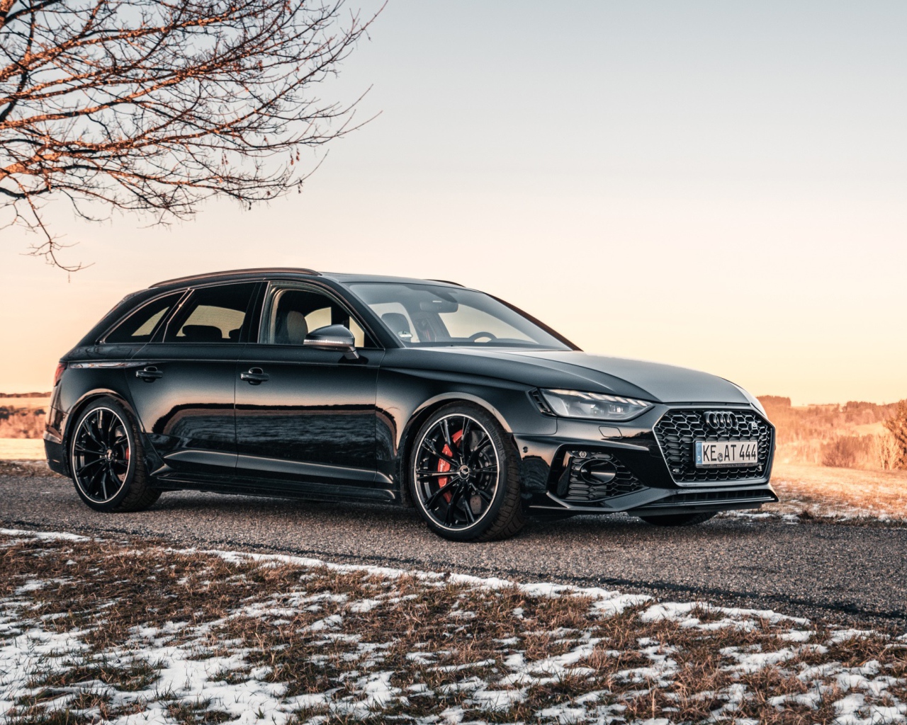 Черный автомобиль  Audi RS 4 Avant 2020 года на дороге у дерева