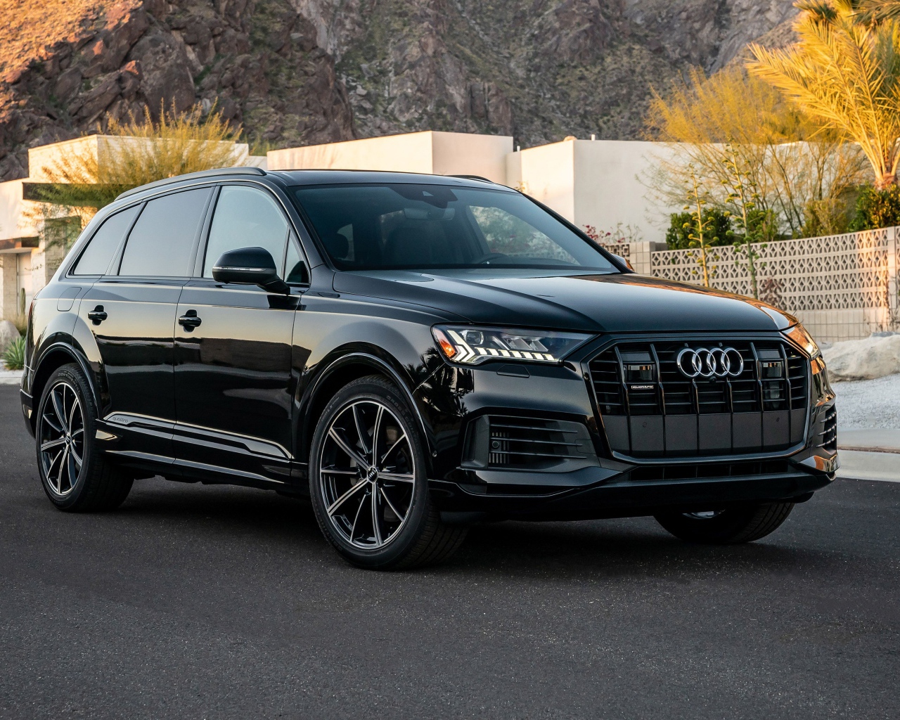 Черный внедорожник Audi Q7 55 TFSI Quattro, 2020 года у горы