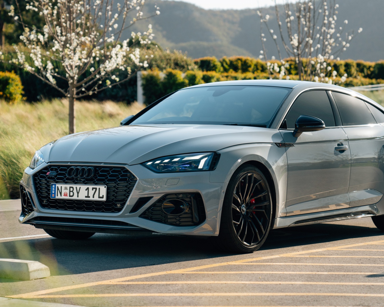 Серебристый автомобиль Audi RS 5 Sportback 2020 года на дороге