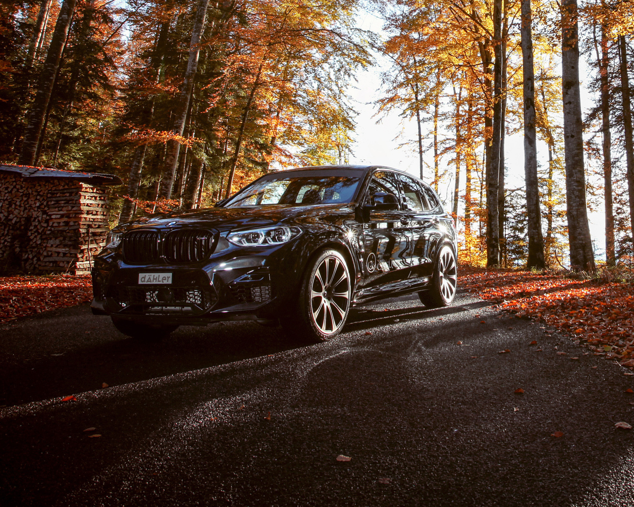 Черный автомобиль BMW X3 M Competition Line 2019 года в осеннем лесу