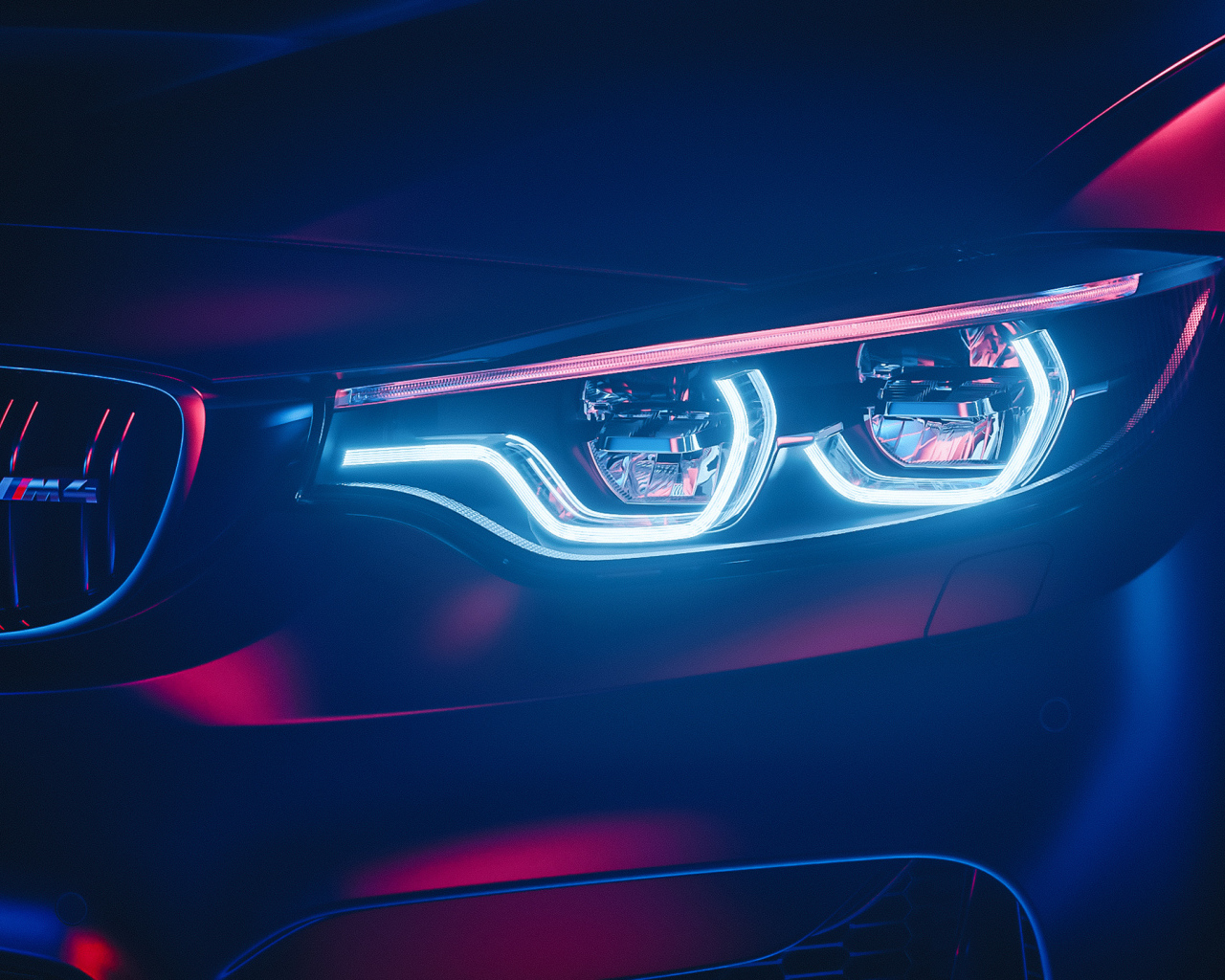 Зажженная фара автомобиля BMW M4 