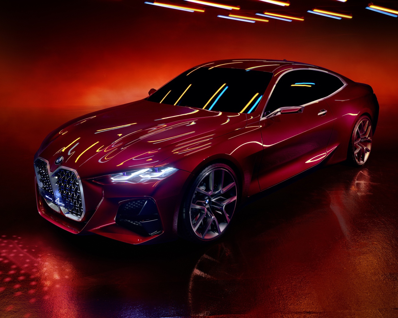 Красный автомобиль BMW Concept 4 2019 года на красном фоне
