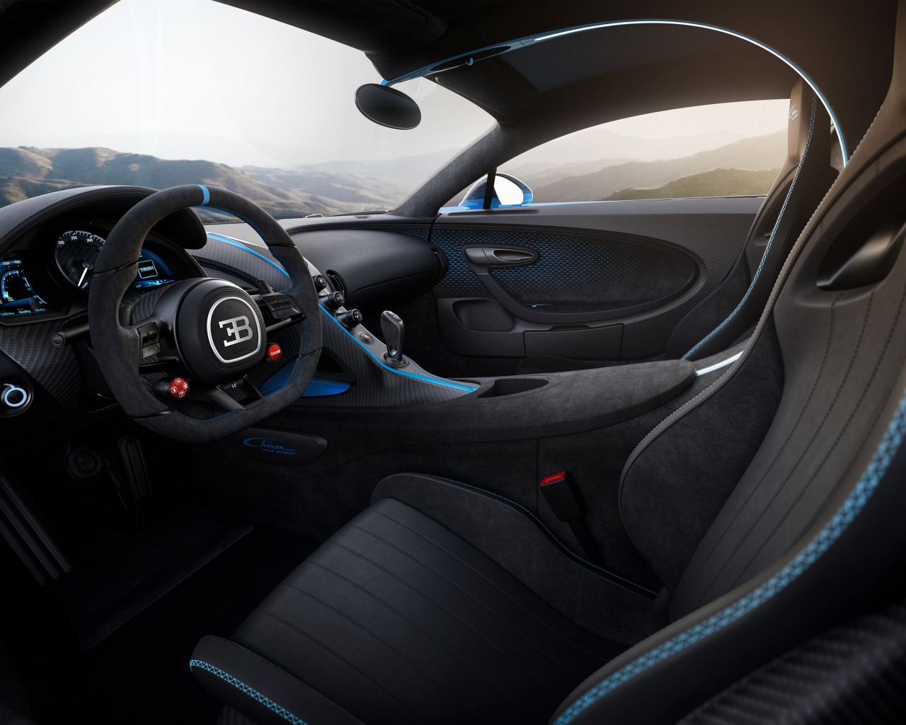 Салон черного автомобиля Bugatti Chiron Pur Sport 2020 года