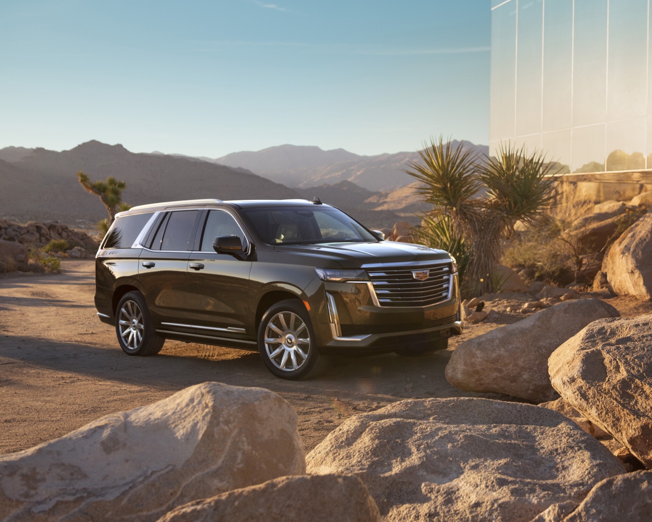Черный внедорожник  Cadillac Escalade Platinum Luxury, 2021 года у камней