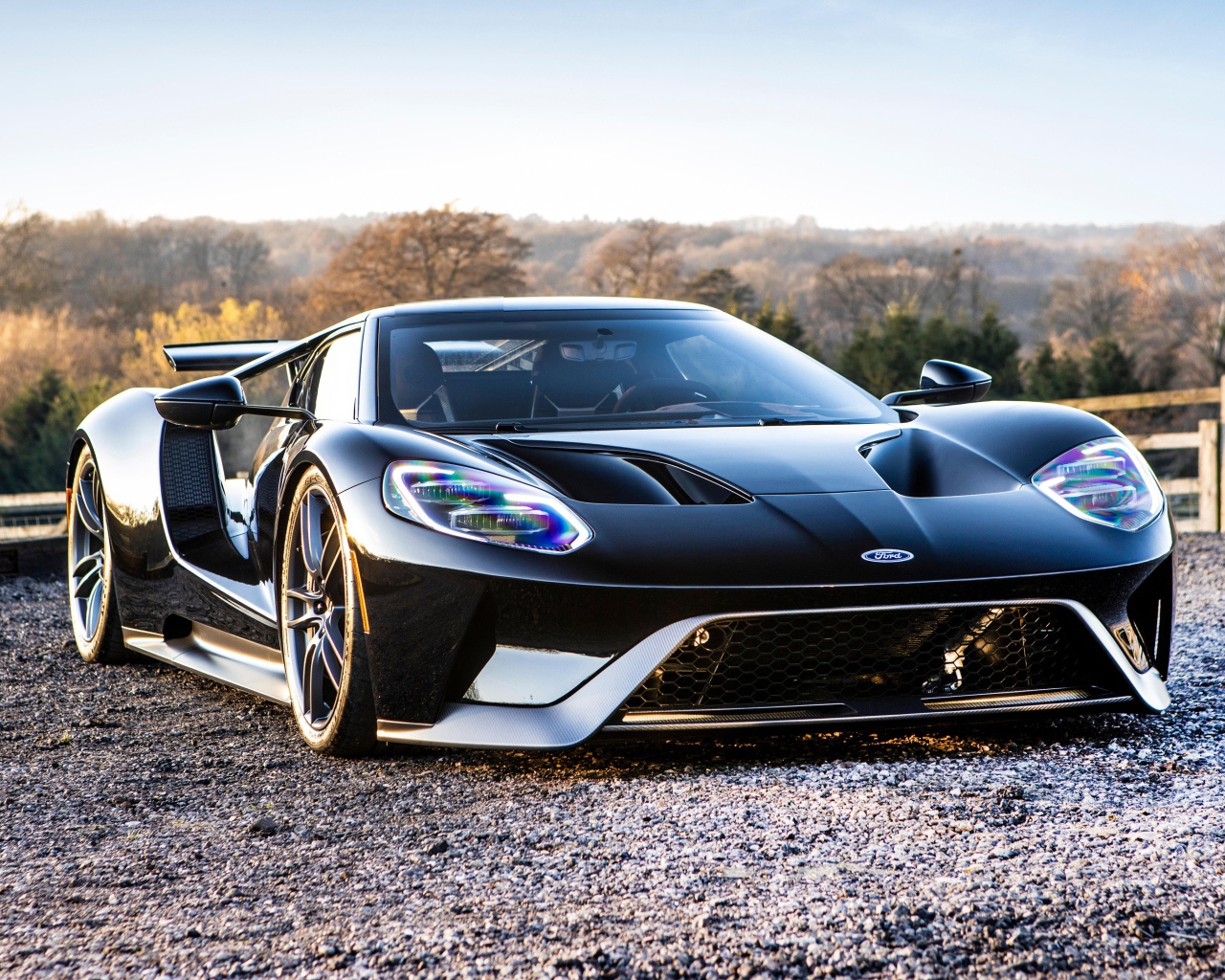 Черный дорогой автомобиль Ford GT в лучах солнца