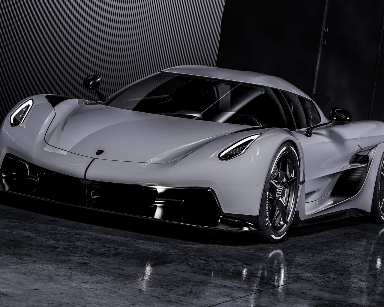 Серебристый автомобиль Koenigsegg Jesko Absolut 2020 года 