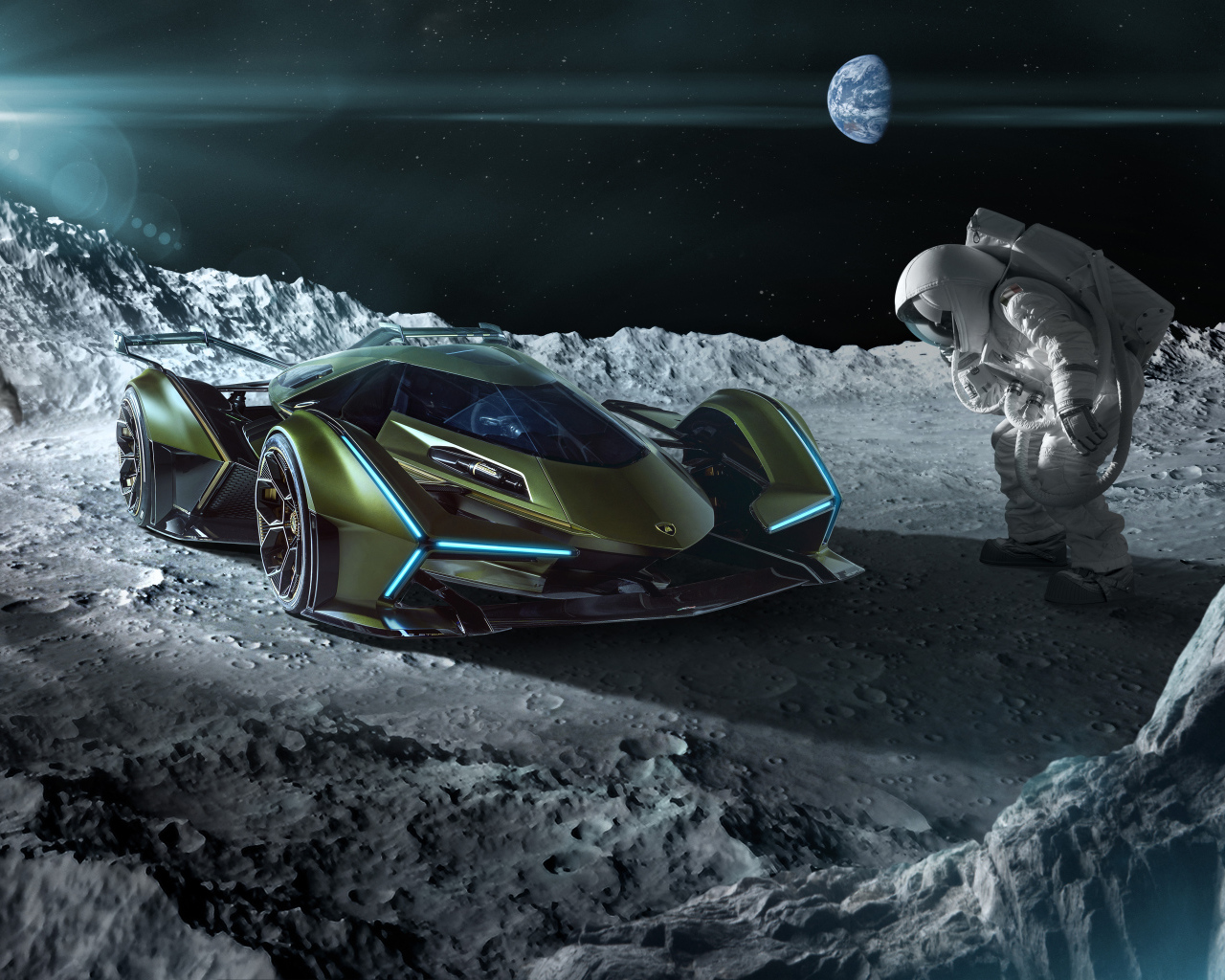 Спортивный автомобиль Lamborghini Lambo V12, 2019 года на поверхности луны