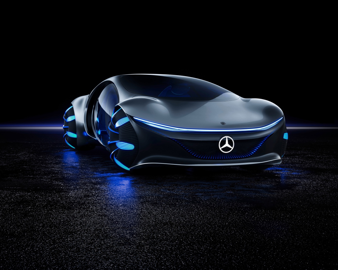 Футуристический автомобиль Mercedes-Benz VISION AVTR 2020 года на черном фоне