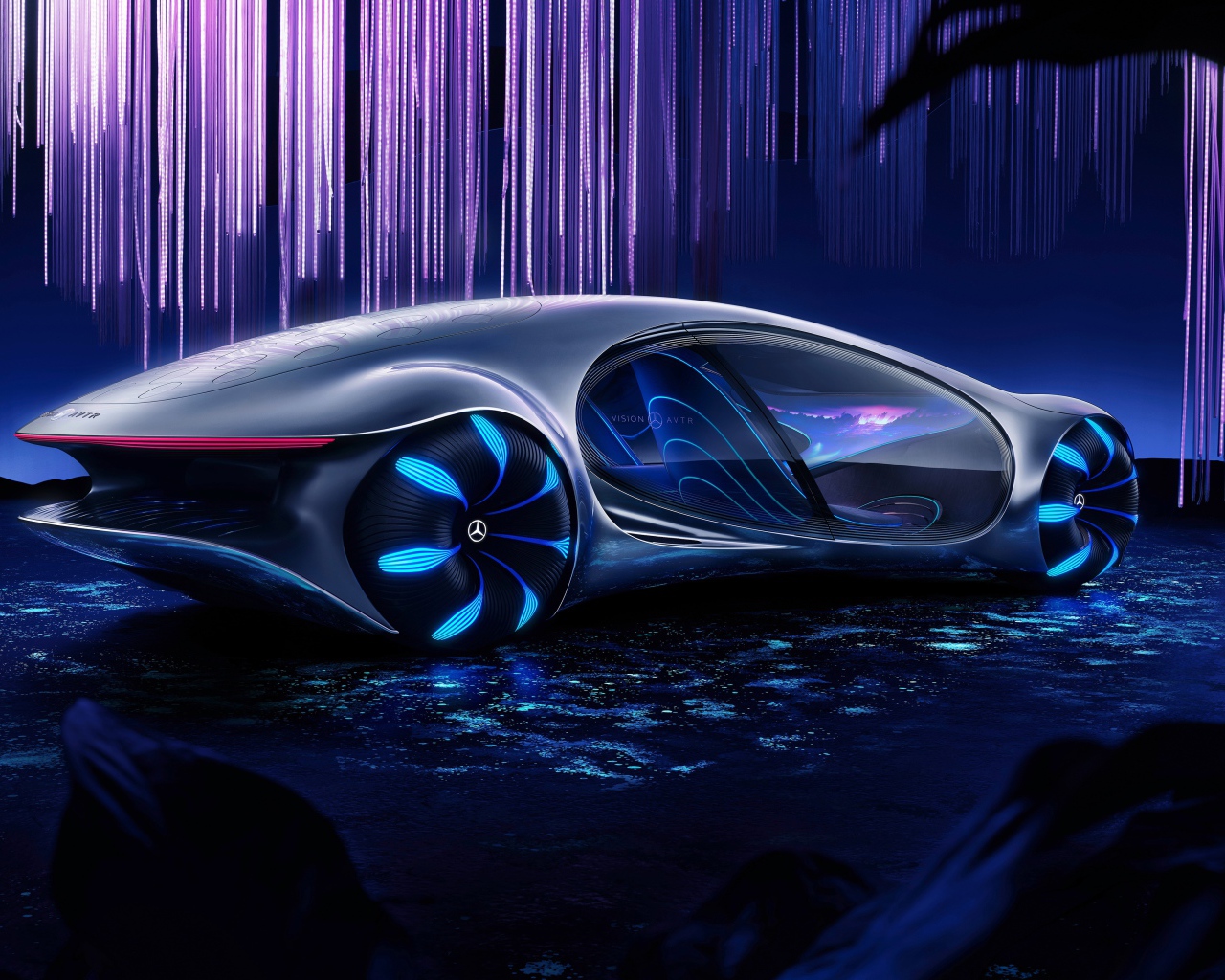 Футуристический автомобиль Mercedes-Benz VISION AVTR 2020 года на неоновом фоне