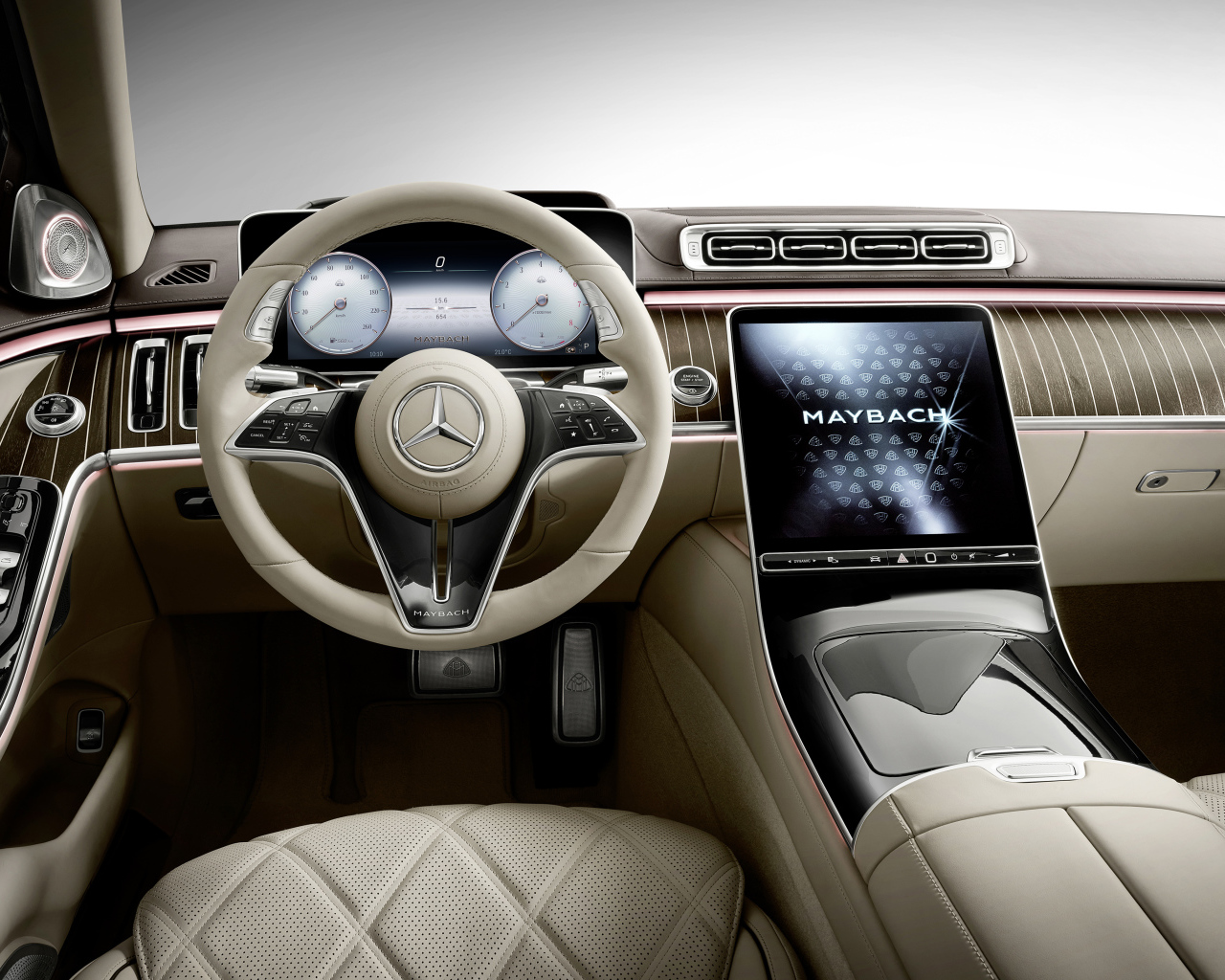 Stylish leather interior of the car Mercedes-Maybach S 580, 2021