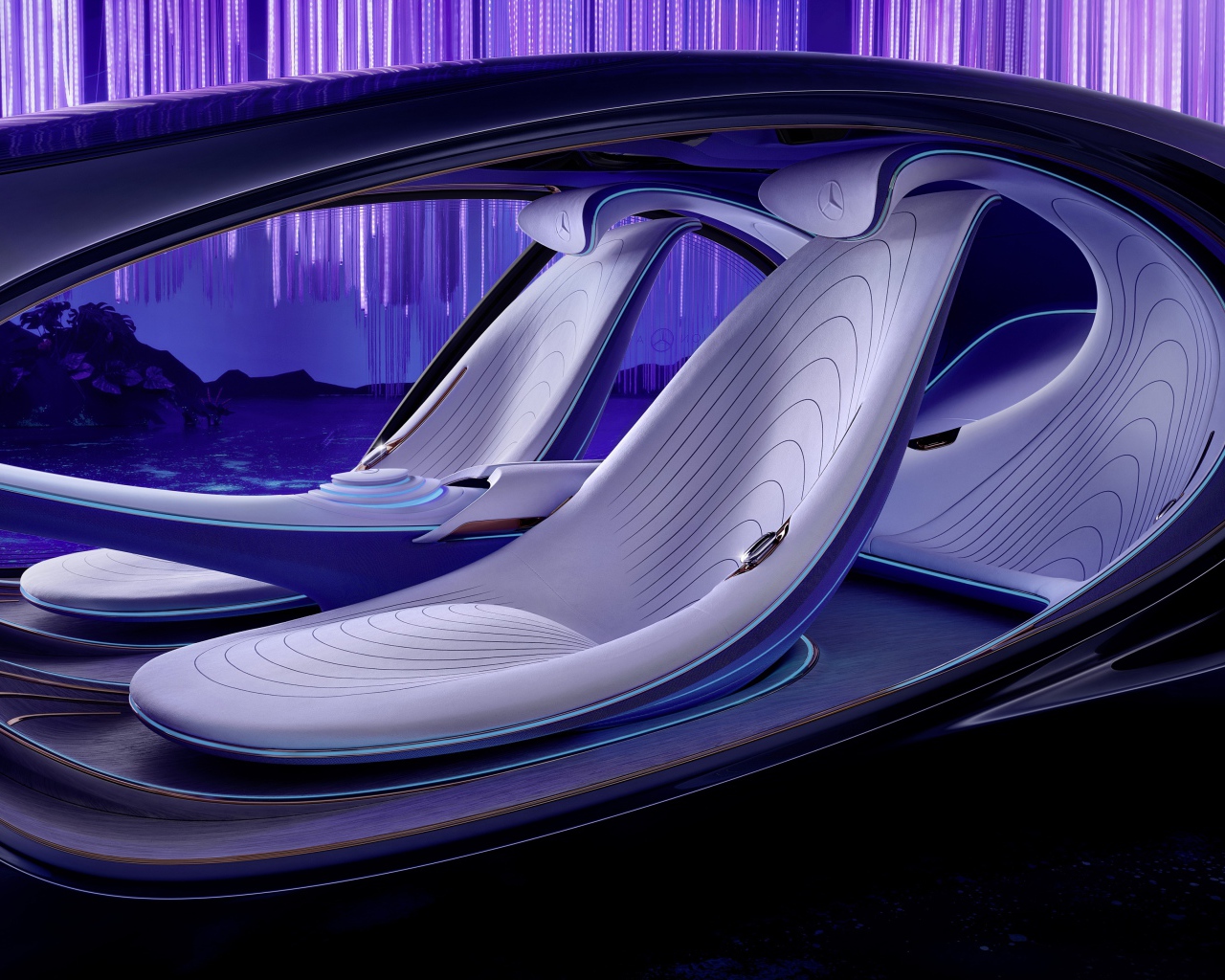 Салон нового автомобиля Mercedes-Benz VISION AVTR 2020 года с неоновой подсветкой 