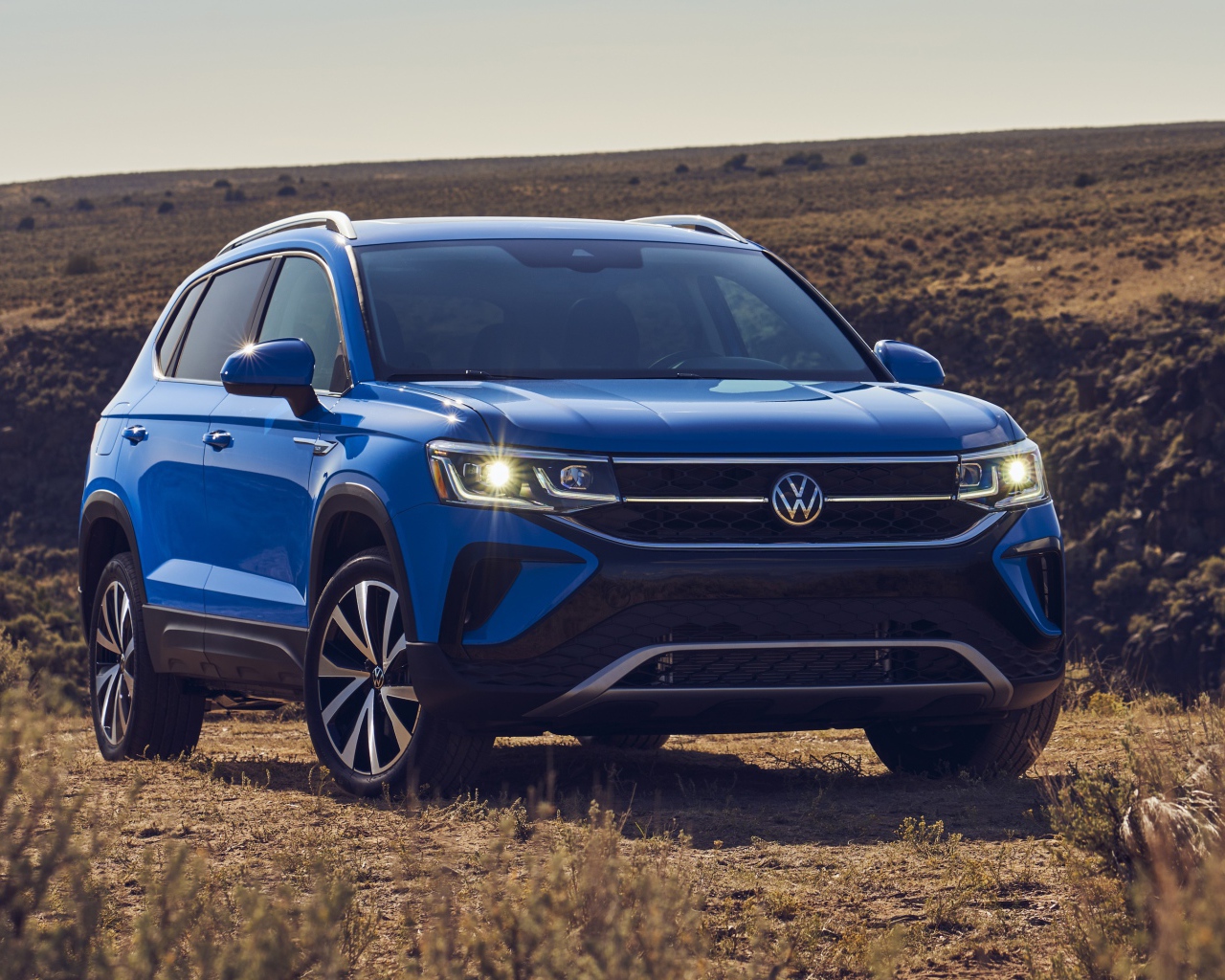 Синий автомобиль  Volkswagen Taos, 2022 года на поле 