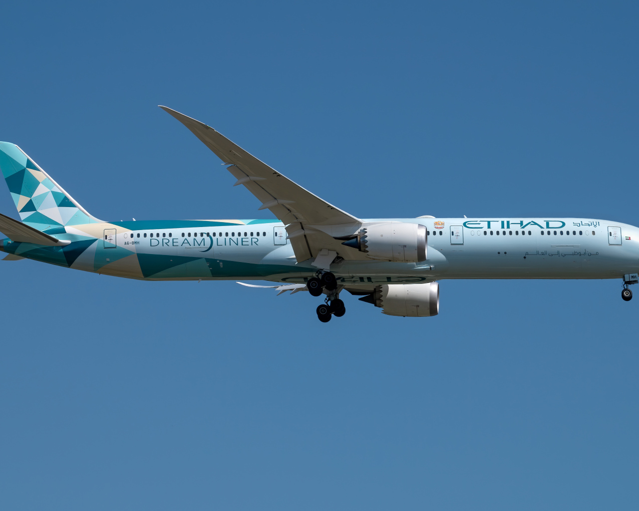 Пассажирский самолет авиакомпании  Dreamliner убирает шасси в небе 