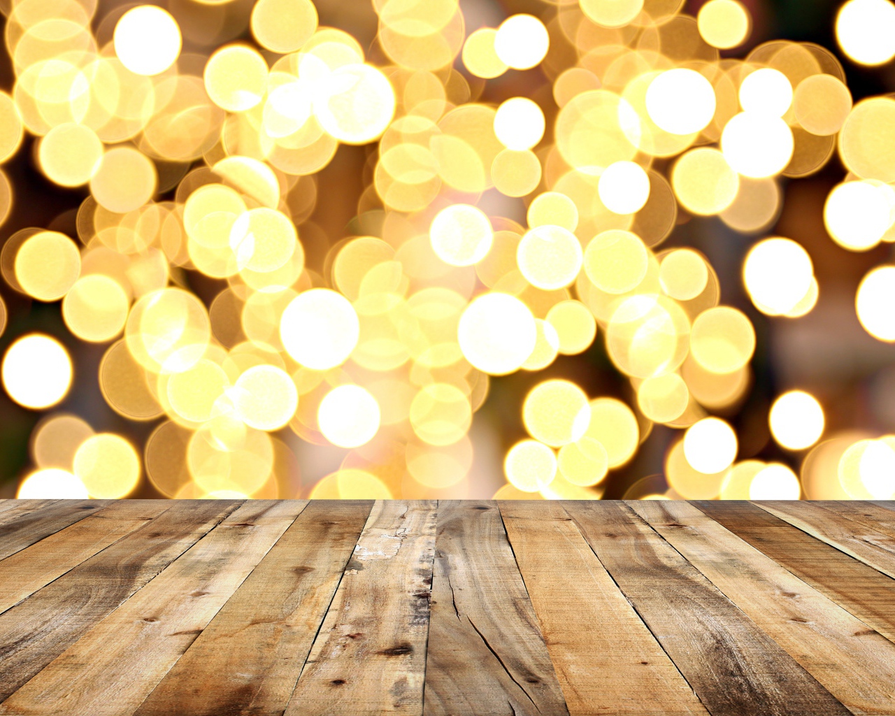 Wood planks and golden bokeh background