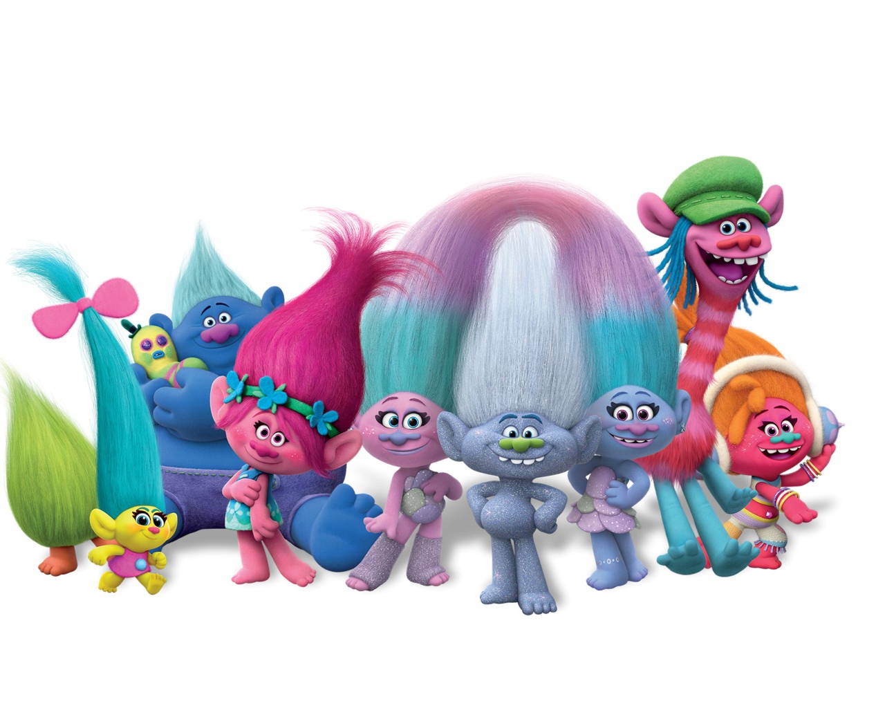 Герои мультфильма Тролли: Мировой тур 2020 года на белом фоне