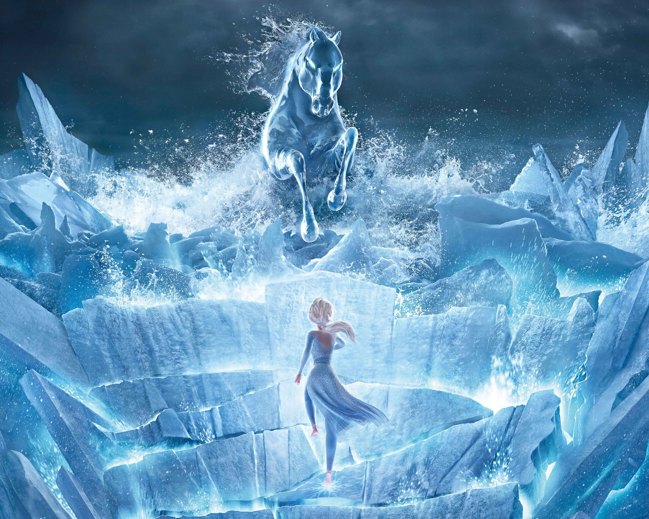 Elsa on an ice cliff with a horse