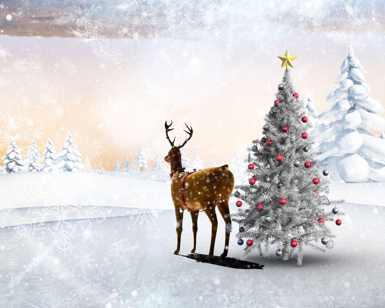 Олень у наряженной ели, шаблон открытки на Рождество