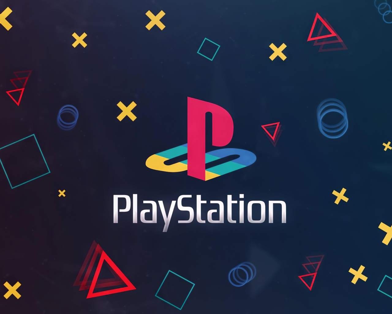 PlayStation logo on a blue background with geometric shapes.